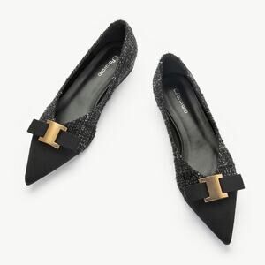 C. Paravano Aida Tweed Pointed Toe Flats Black Gold Metal Bow US 9 Workwear EUC